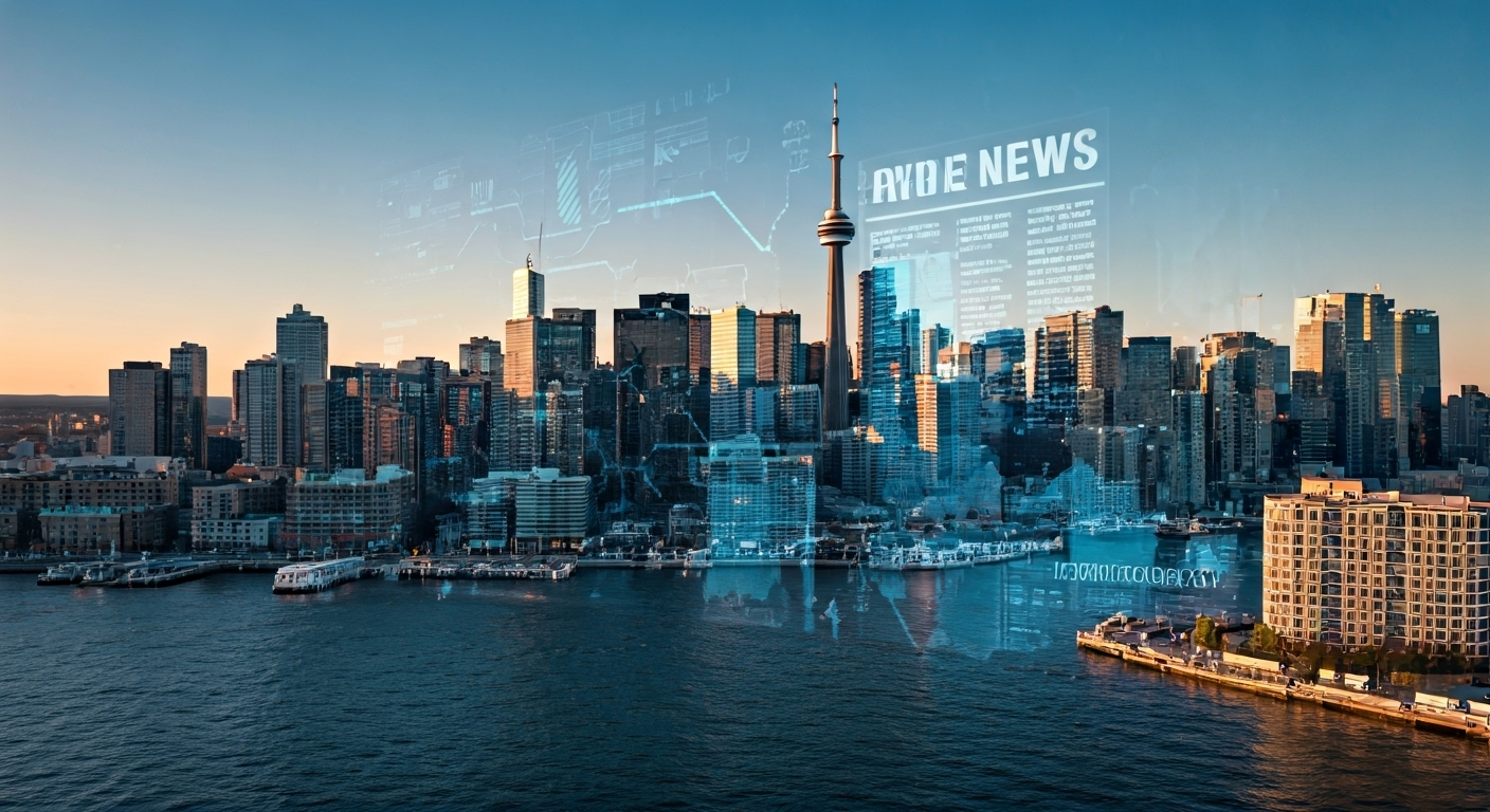Canadian city skyline with headlines