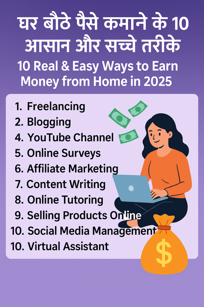 घर बैठे पैसे कमाने के 10 आसान और सच्चे तरीके | 10 Real & Easy Ways to Earn Money from Home in 2025