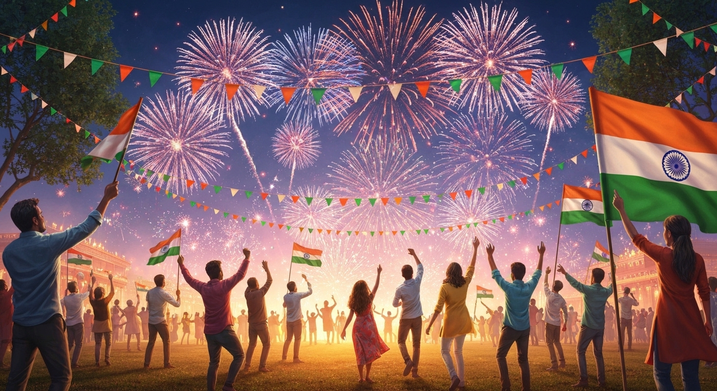 Independence Day celebration with flags and fireworks